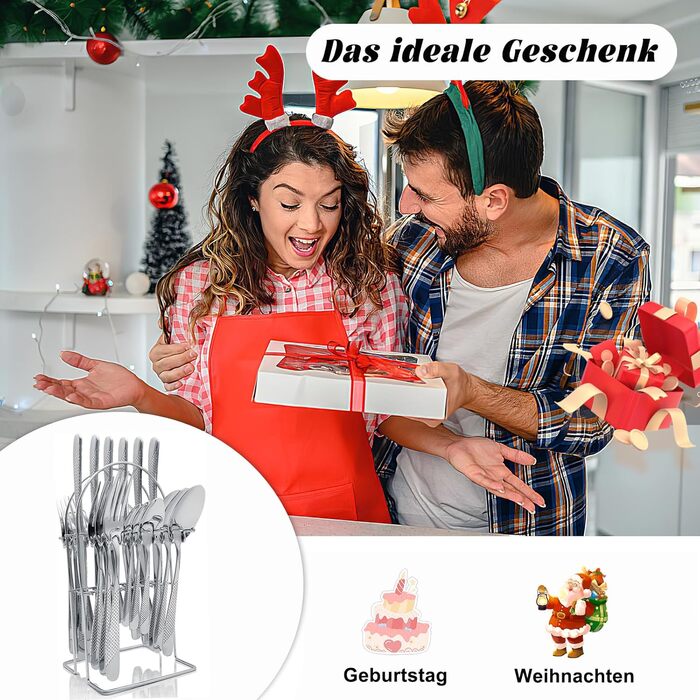 Набор столовых приборов на 6 человек, 24 предмета с держателем, серебристые AVEKI