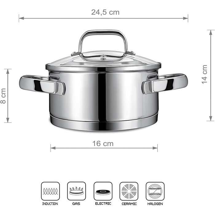 Каструля 1,5 л з нержавіючої сталі зі скляною кришкою 16 см Linnuo