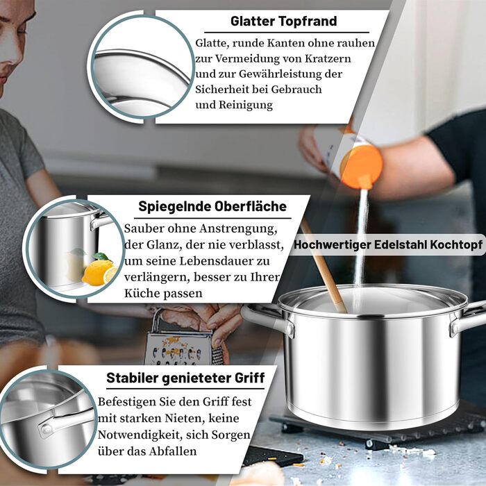 Каструля 7,6 л з нержавіючої сталі зі скляною кришкою 26 см TEAMFAR