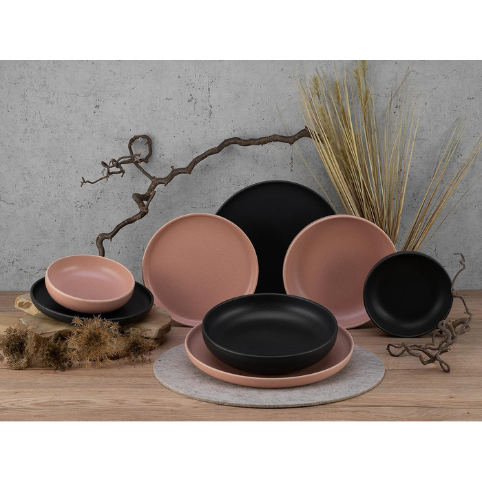 Серія Uno набір посуду з 16 предметів, комбінований набір з кераміки (троянда чорний, столовий сервіз 8 предметів), 22978