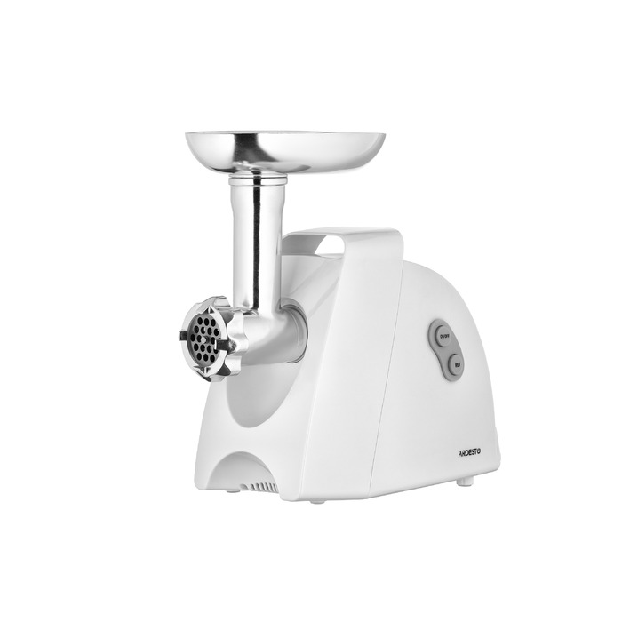 ARDESTO М'ясорубка, 1900Вт, 1.8кг/хв, 3 решітки, насадка для ковбас, кеббе, 4 терки, пластик, білий