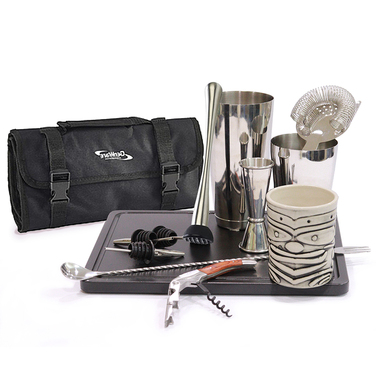 Набор бармена с сумкой, 12 предметов, сатинированная сталь, GenWare + ПОДАРОК бокал TIKI