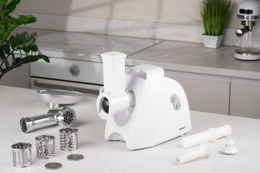 ARDESTO М'ясорубка, 1900Вт, 1.8кг/хв, 3 решітки, насадка для ковбас, кеббе, 4 терки, пластик, білий