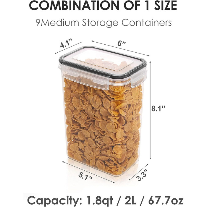 Набір банок для зберігання Vtopmart 0.8 л, банки для мюслі та банки для зберігання харчових продуктів, пластик без бісфенолу А, герметичний, контейнер для сухого корму, набір із 12, 24 етикетки для зерна, борошна, цукру (чорний) (2 л*9)