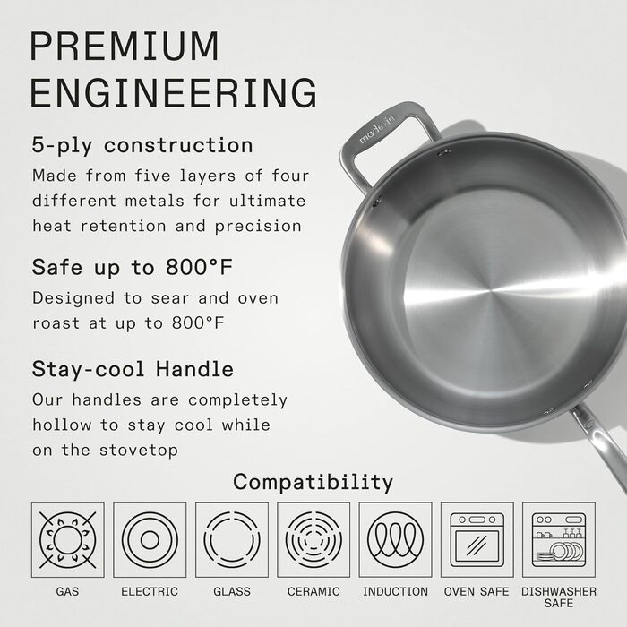 Посуд Made In сковорода з нержавіючої сталі об&39ємом 2,84 л 5-шарове покриття з нержавіючої сталі професійний посуд зроблено в Італії сумісний з індукцією (4,7 літра)