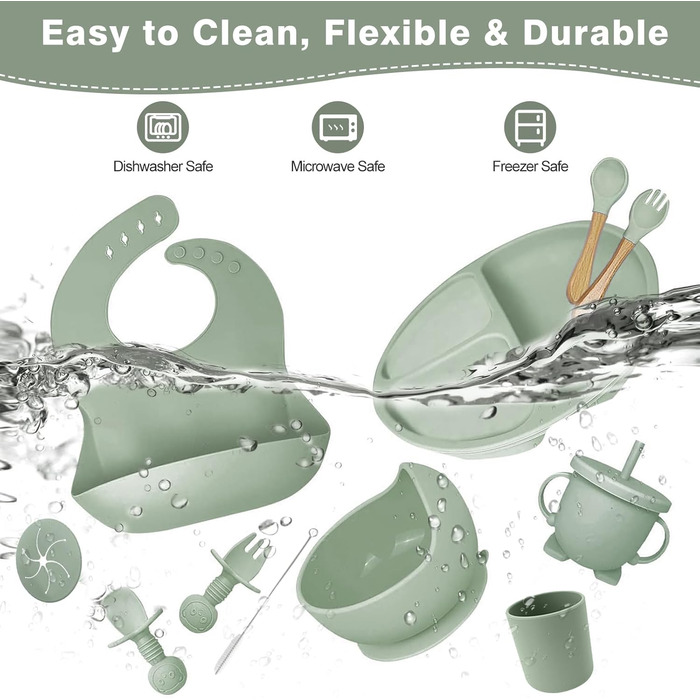 Набір дитячого столового посуду, набір дитячого столового посуду з 12 предметів, дитяча ложка, чашка для пиття, силіконовий нагрудник, дитяча тарілка, дитяча тарілка з присоскою, набір столових приборів для відлучення дитини, без бісфенолу А, можна мити в