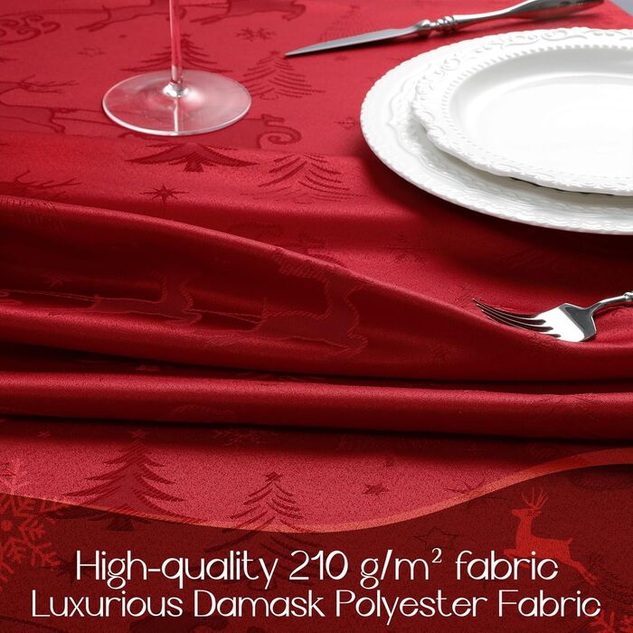 Маленька різдвяна скатертина Romanstile, яку можна прати та вона водовідштовхувальна, жакардові олені та ялинка, квадратна скатертина для журнального столика, святкова, подарункова (140 x 180 см, червона)