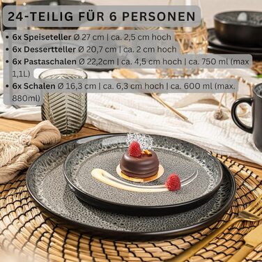 Кам&39яні миски для пасти, 6 предметів, набір мисок для пасти на 6 осіб, набір мисок, придатний для миття в посудомийній машині та мікрохвильовій печі, велика багатофункціональна миска темно-сірого кольору 750 мл VALUE COLLECTION (Сідней, набір посуду з 2