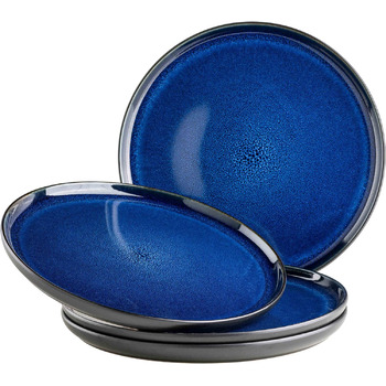 Сучасний набір на 4 персони в захоплюючому вінтажному образі, великі плоскі обідні тарілки з кераміки, кераміки, сірого/чорного (обідня тарілка, синій / чорний)