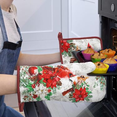 Набір з 2 кухонних рукавичок та тримача для каструлі Arquiel Gnome Autumn Orange Checked, 100 бавовняні кулінарні рукавички, термостійкі кухонні рукавички для приготування їжі, осінній декор, подарунки для жінок (різдвяна червона пташка, духовка тримач дл