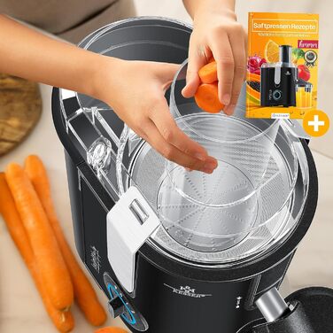 Соковижималка KESSER для фруктів та овочів з нержавіючої сталі 1100 Вт великий завантажувальний отвір 85 мм з щіткою для чищення та контейнером для соку 3 режими швидкості, соковижималка, сріблястий (чорний / сріблястий)