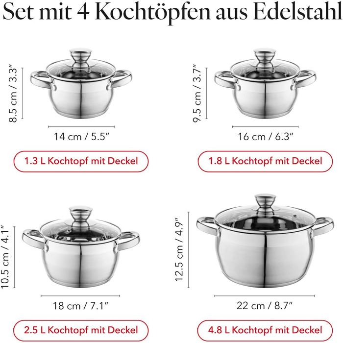 Набір посуду FLORINA OLIVER 4 предмети Нержавіюча сталь 18/0 Кришка із загартованого скла Для індукційних, газових, електричних та керамічних варильних поверхонь Можна мити в посудомийній машині Високоякісний набір посуду для кожної кухні, 8 предметів Oli