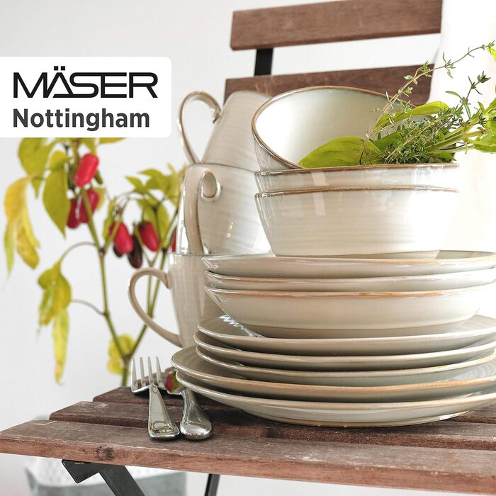 Набір вінтажних тарілок MSER 931371 серії Ноттінгем на 4 персони, обідній сервіз із 8 предметів із обідньою тарілкою та суповою тарілкою в неправильному круглому ретро-стилі, керамограніт