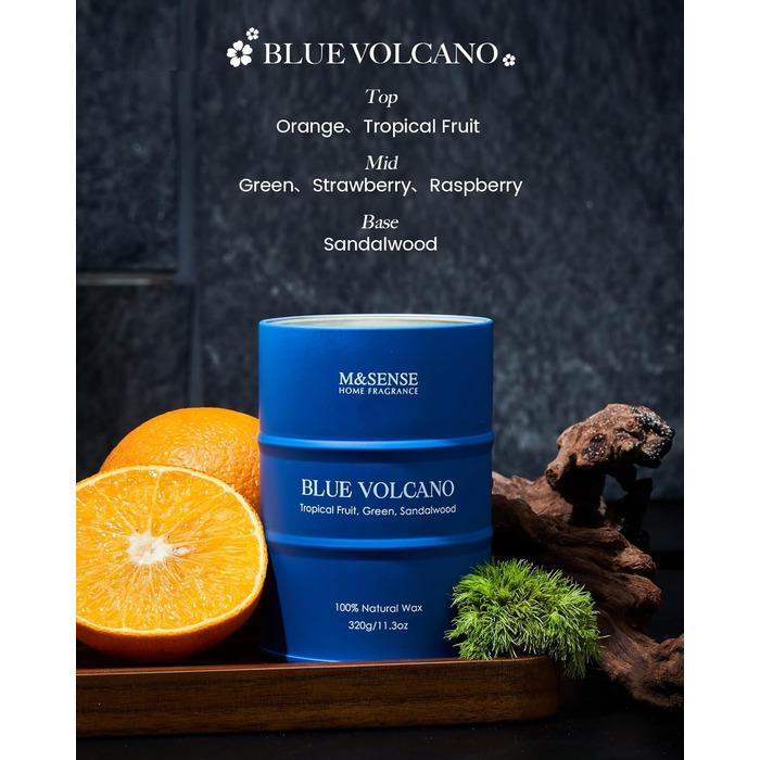 Ароматичні свічки M&SENSE з натурального соєвого воску, натуральна соєва свічка для домашнього декору, тривалий час горіння до 70 годин, класні подарунки-свічки для чоловіків і жінок (320 г, блакитний вулкан)