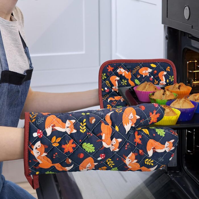 Набір з 2 кухонних рукавиць Arquiel з тримачем для каструлі Gnome Autumn Orange Checked, 100 бавовняні кулінарні рукавички, термостійкі кухонні рукавички для приготування їжі, осінній декор, подарунки для жінок (осіння лисиця, духовка тримач для каструлі)