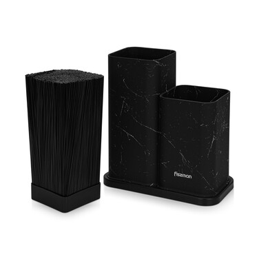 Підставка Fissman для кухонних ножів та інструментів 11x11x23 + 11x11х17 см, колір ЧОРНИЙ МАРМУРпластик (12884)