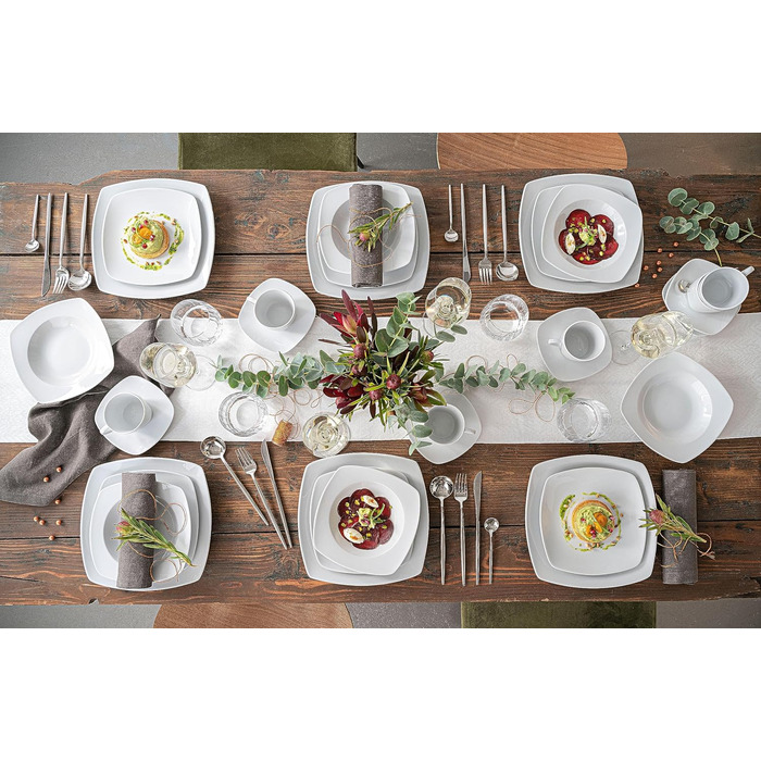 СПІВАЧКА Набір тарілок Striking 18 шт. , Порцеляновий набір посуду 6 персон, Посуд можна мити в посудомийній машині, Посуд з обідніми тарілками та глибокими тарілками, Посуд квадратний білий, Столовий сервіз сучасний (комбінований сервіз 30 шт. )