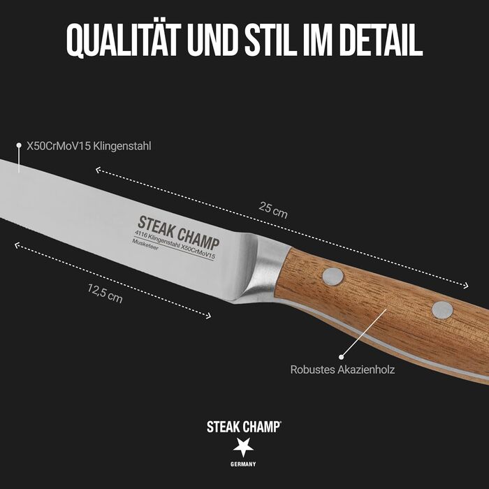 Вилка та ніж для стейка для м&39яса Steakchamp, 2 х 2 шт. виделки та ножі із сталевого леза, з мікрохвильовим помелом, набір з 4 шт., включаючи дерев&39яну коробку