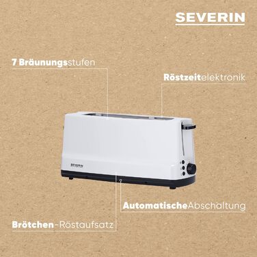 Автоматичний тостер SEVERIN з довгим слотом, 4 тости, автоматичний тостер з насадкою для булочки, тостер з нержавіючої сталі для підсмажування, розморожування та розігріву, 1 400 Вт, білий / сірий, AT 2234 (2 скибочки тостів)