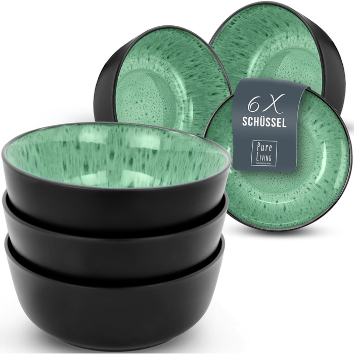 Керамогранітні глибокі тарілки ТЕСТ ДУЖЕ ХОРОШИЙ Серія Ibiza Тарілки для макаронів Noble, тарілки для супу Deep стильні тарілки для пасти 6 персон - Набір посуду 6 персон, обідні тарілки, набір посуду Black with (миски (6x), шавлія зелена), 6 шт.