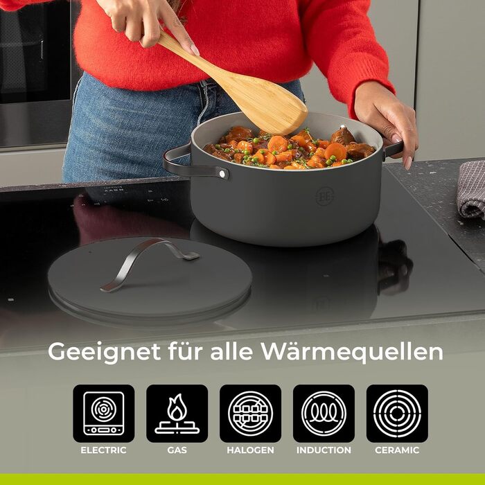 Каструля Be Living Essential з кришкою Ø 28 см з кришкою, антипригарна кераміка, індукційна, без PTFE та PFOA, (4 літри, сіра)