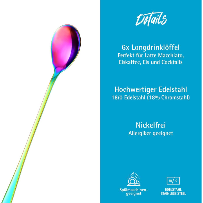 Набір ложок GRWE для лате макіато, золотистий, 6 предметів, 22 см, довгі ложки, ложки для коктейлів, десертні ложки, ложки для морозива, ложки для кави з льодом, нержавіюча сталь, можна мити в посудомийній машині (райдужний)