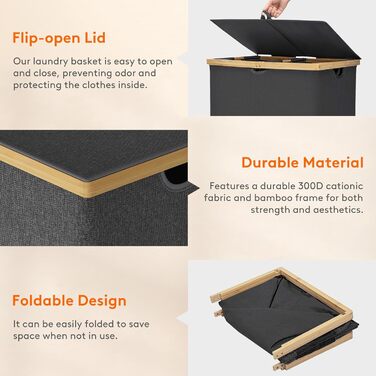 Подвійна корзина для білизни Lifewit 150 л з кришкою, дуже великий бамбуковий кошик для білизни Кошик для брудного одягу чорний