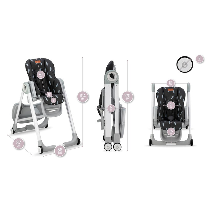 Дитячий стільчик для годування з 4 колесами та функцією гальма від 6 місяців чорний Momi