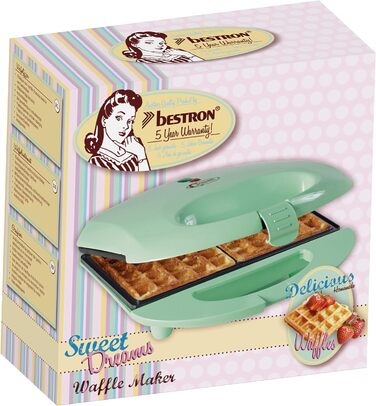 Брюссельська вафельниця Bestron в ретро-дизайні, вафельниця на 2 бельгійські вафлі, з антипригарним покриттям і лампою для випічки, 700 Вт, колір (зелений)