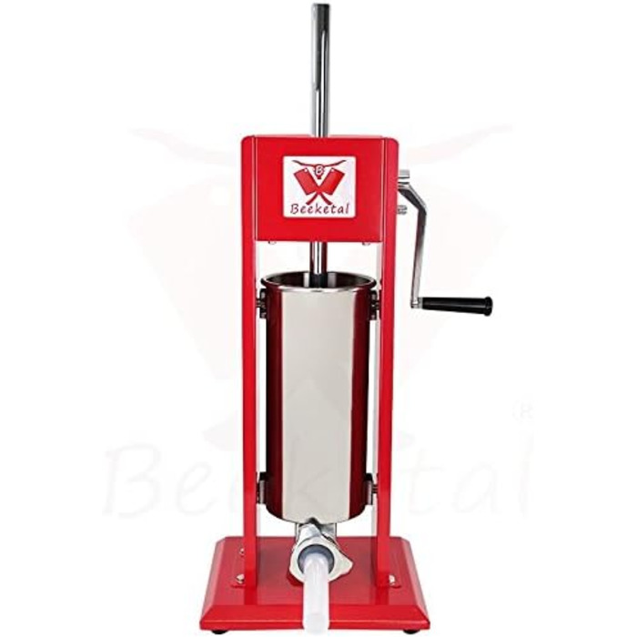Професійна машина для наповнення гастроковбаси Beeketal &39MT07&39 (7 літрів), протестована SGS, наповнювач для ковбас з 2-швидкісним повністю металевим редуктором і рукояткою, сталевий корпус (пофарбований у червоний колір), включаючи 4 насадки для з