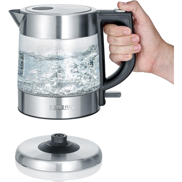 Скляний чайник SEVERIN, потужний і компактний чайник у високоякісному дизайні, електрочайник з фільтром від накипу, нержавіюча сталь/чорний, WK 3468, чайник на 1 літр