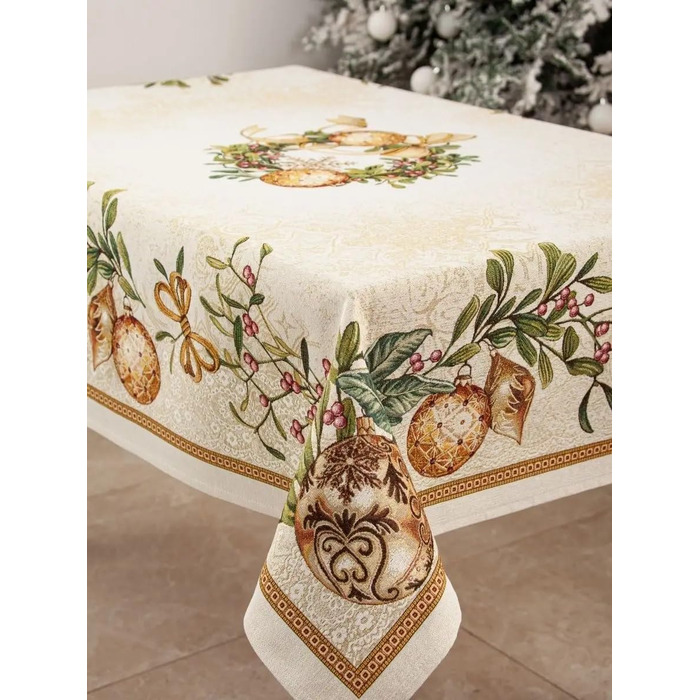 Дім різдвяної гобеленової різдвяної скатертини Скатертина на Різдво та Новий рік (Золотий вінок (Іскристий), 140x140 см)