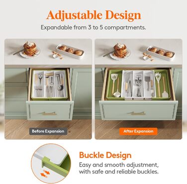 Органайзер для столових приборів 57 х 38 см для шухляд, 5 відділень, зелений і білий Lifewit