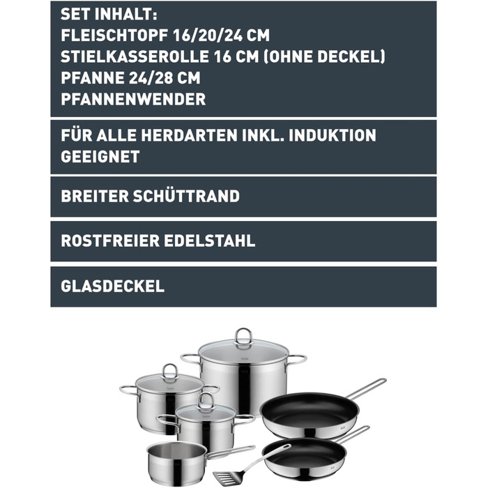 Набір посуду для індукції, 7 предметів каструлі зі скляними кришками, сковорода з лопаткою, полірована нержавіюча сталь. Підходить для всіх типів плит, без внутрішньої розмітки.
