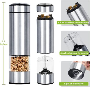 Млин для солі та перцю електричний, набір 2 предмети, нержавіюча сталь Innhom