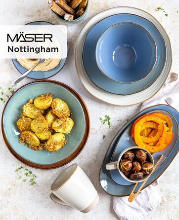 Серія Ноттінгем, вінтажний набір посуду на 4 персони, комбінований сервіз з 20 предметів з неправильними круглими формами в стилі ретро, керамограніт, бірюзово-зелений