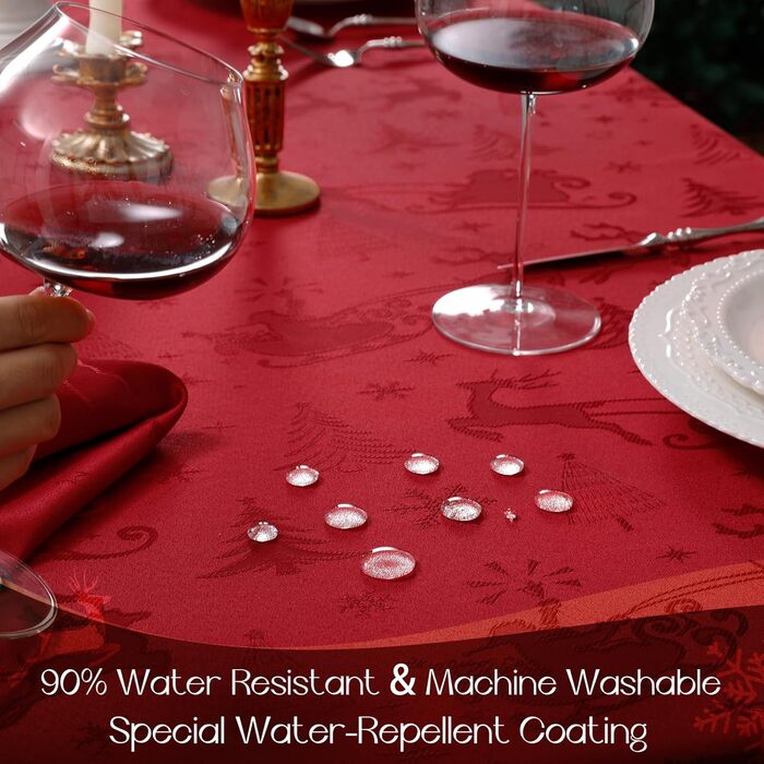 Маленька різдвяна скатертина Romanstile, яку можна прати та вона водовідштовхувальна, жакардові олені та ялинка, квадратна скатертина для журнального столика, святкова, подарункова (140 x 180 см, червона)