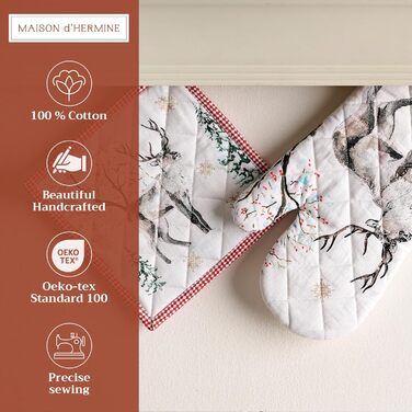 Рукавички для духовки, прихватки для каструль Maison d&39 Hermine, 100 бавовна, термостійкі кухонні рукавички, рукавички для духовки (19 x 33 см) та прихватки для каструль (20 x 20 см) для приготування їжі, Морзін - Рукавички для духовки (19 x 33 см) та п