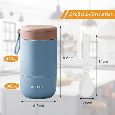 Стаканчик для пластівців Chedin з кришкою, стаканчик для каші з нержавіючої сталі 730 мл, герметичний стаканчик для йогурту з ложкою та кришкою, двошарові герметичні банки Мейсон, ідеально підходять для роботи (сині)