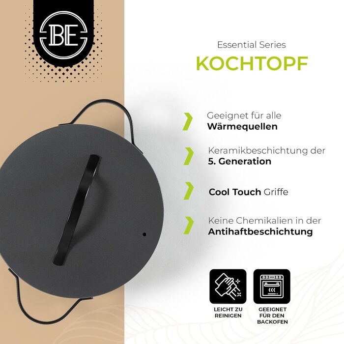 Каструля Be Living Essential з кришкою Ø 28 см з кришкою, антипригарна кераміка, для індукції, без PTFE та PFOA, (7 літрів, сіра)