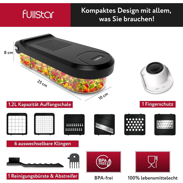 Овочерізка мандоліна, овочерізка, нарізка для огірків, нарізка для цибулі, картоплерізка, фрукторізка, терка для овочів та сиру, нарізка для жульєну (6-в-1 компактна біла)