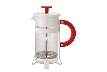GIPFEL Скляний заварювальний чайник MILEBI 12,5х7, 7х16, 7см. 350 мл з поршнем білий з червоною ручкою Матеріал: Боросиликатное скло, кремній, S/S 18/10 (#304) 7052 GIPFEL