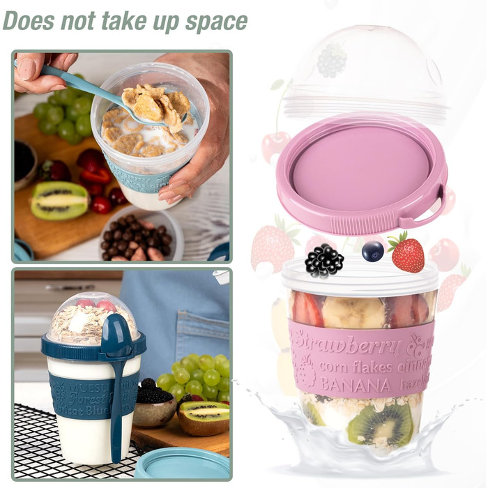 Стаканчики EYNEL для пластівців та йогурту з кришкою та ложкою, багаторазові пластикові парфе, молочний сніданок, хрусткі пластівці, вівсянка, смузі, перекус, чаша (4 кольори (набір з 5 кольорів - 2))