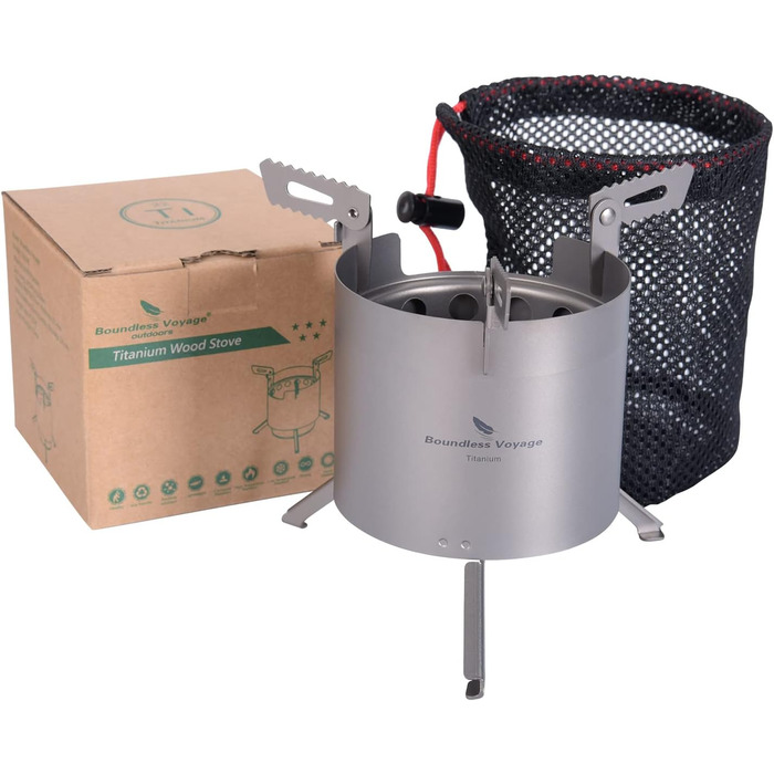 Кемпинг Титановая дровяная печь со семными подставками для кастрюль и складными ножками Двойная стенка Уличная духовка Proable Легкая спиртовая горелка На открытом воздухе Travel Camp Spirit Stove Нагревательная печь (Ti2014c Дровяная печь)