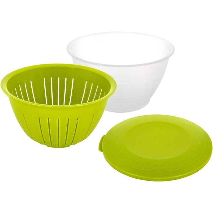 Набор мисок Westmark, 4 миски с крышками и ситом/дуршлагом, 9 шт., емкость 0,6/1,3/2,5/4,4 л, пластик, без бисфенола А, Olympia, цвет прозрачный/ 2420226A (набор из 3 шт., зеленый)
