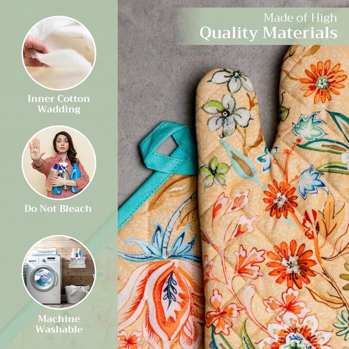 Рукавички для духовки Maison d&39 Hermine, Прихватки для каструль, 100 бавовна, термостійкі кухонні рукавички, рукавички для духовки (19 x 33 см) та прихватки для каструль (20 x 20 см) для приготування їжі, Morzine - Рукавички для духовки (19 x 33 см) та 