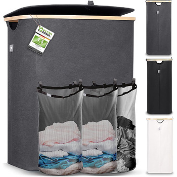 Ящик для білизни Hennez 150 л - Кошик для білизни 3 відділення - Кришка - Сортувальник білизни з мішком для білизни - Кошики для білизни - Сірий бамбук - Контейнер для білизни - Система сортування білизни - Збірник для білизни 3) Сірий 150л