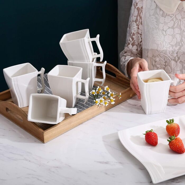 Серія FLORA, набір з 6 порцелянових креманки для каш, миски для рису 450 мл, закусочної миски, десертної миски для салату, супів, рамен, фруктів і т.д. 13,5x13,5x5,4 см (білий, 6 шт. кружок)