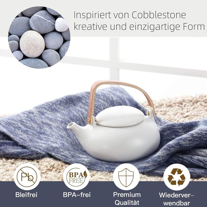 Японський чайник ZENS з ситечком, Сучасний 800 мл матовий білий чайний набір керамічний з 4 чашками і підставкою з ротанга, Набір для заварювання чаю з конопляної мотузки, подарунок для любителів чаю (02-сірий чайник)