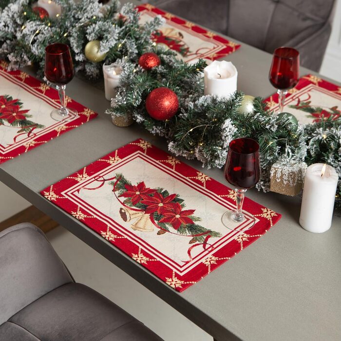 Різдвяна гобеленова скатертина Home of Christmas Скатертина на Різдво та Новий рік (Дзвіночки (без блискіток), Серветка 35x45 см)